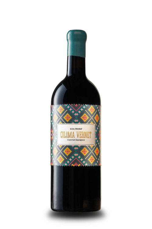 Wine bottle with a colorful label on a white background