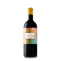 Wine bottle with colorful label on a white background