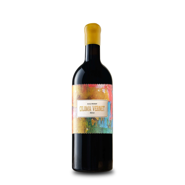 Wine bottle with colorful label on a white background