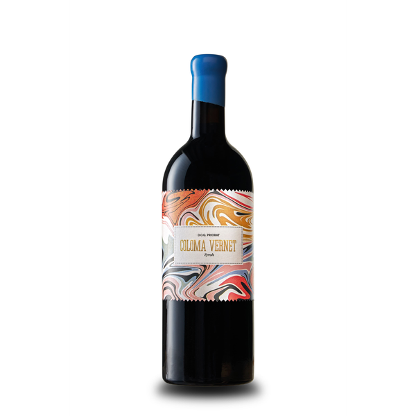 Wine bottle with a colorful label on a white background