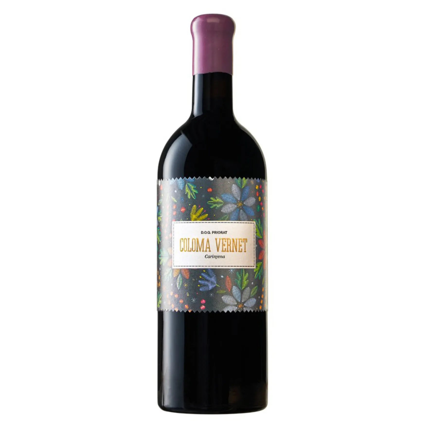 Wine bottle with decorative label on a white background