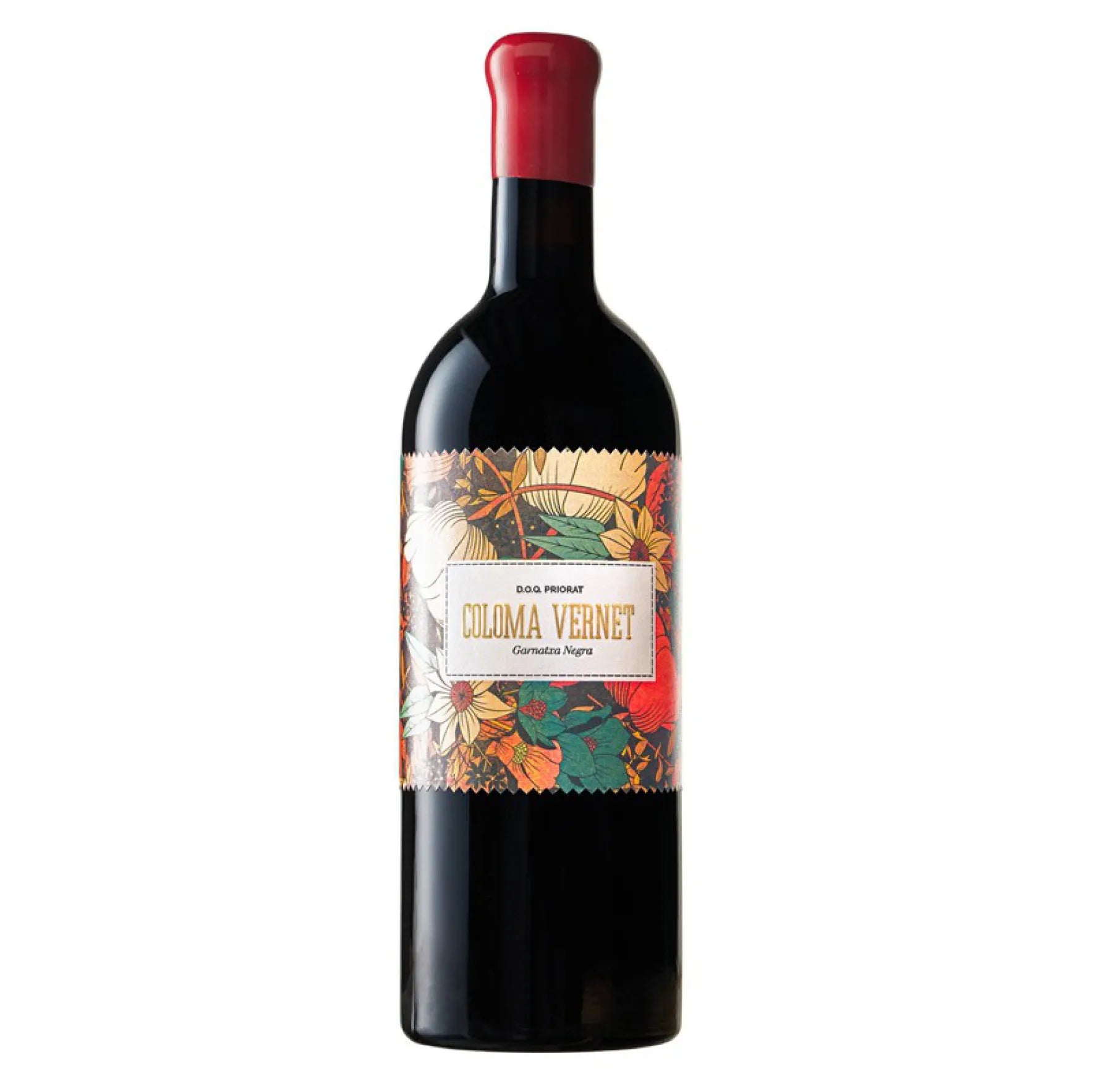 Wine bottle with a colorful label on a white background