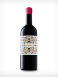 Wine bottle with a colorful label on a white background