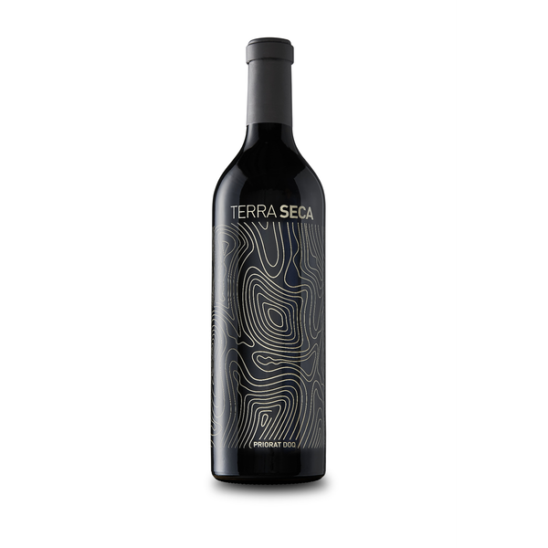 Terra Seca wine bottle with black label on a white background