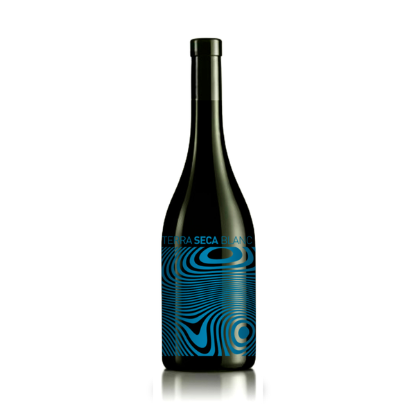 Wine bottle with blue label on a white background
